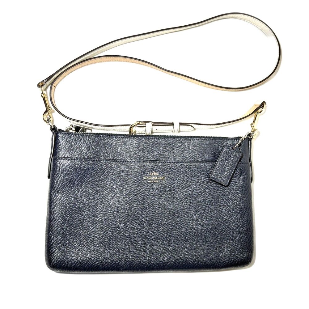 COACH East West Pop Crossbody Midnight Navy Crossgrain Leather Bag EUC